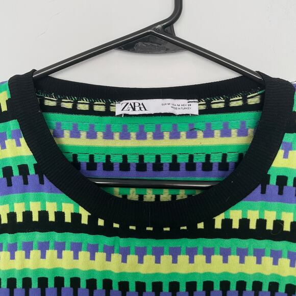 Zara Striped Cropped Green Black Purple Yellow Striped Sweater| sz M | Retro Top - Picture 5 of 7